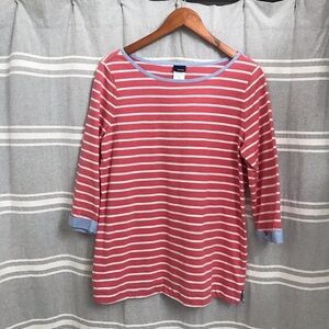 BASIC EDITIONS / Ladies Pink & White Striped Boatneck 3/4 Sleeve Top Size L
